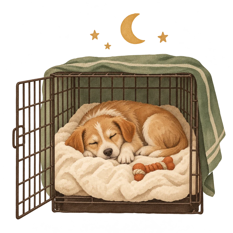 Watercolor illustration of a puppy sleeping by its crate at night