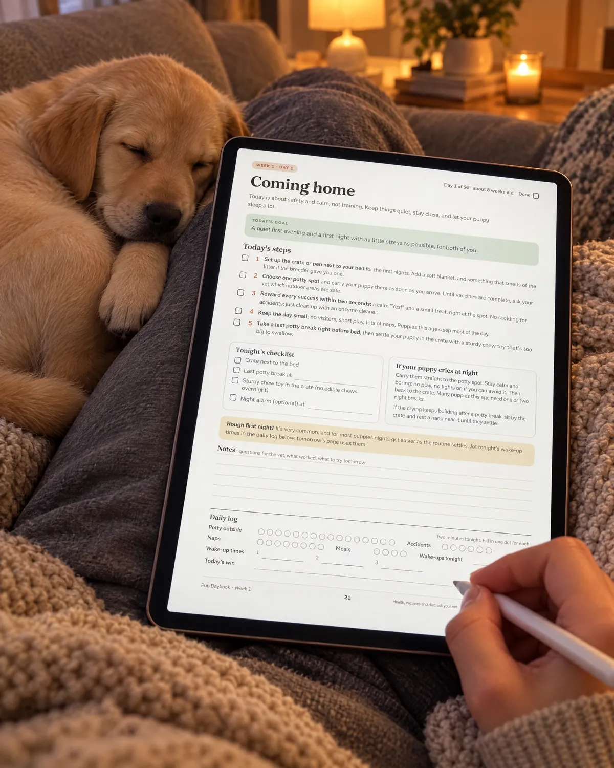 The Day 1 page open on a tablet, filled in with a stylus, a puppy asleep alongside