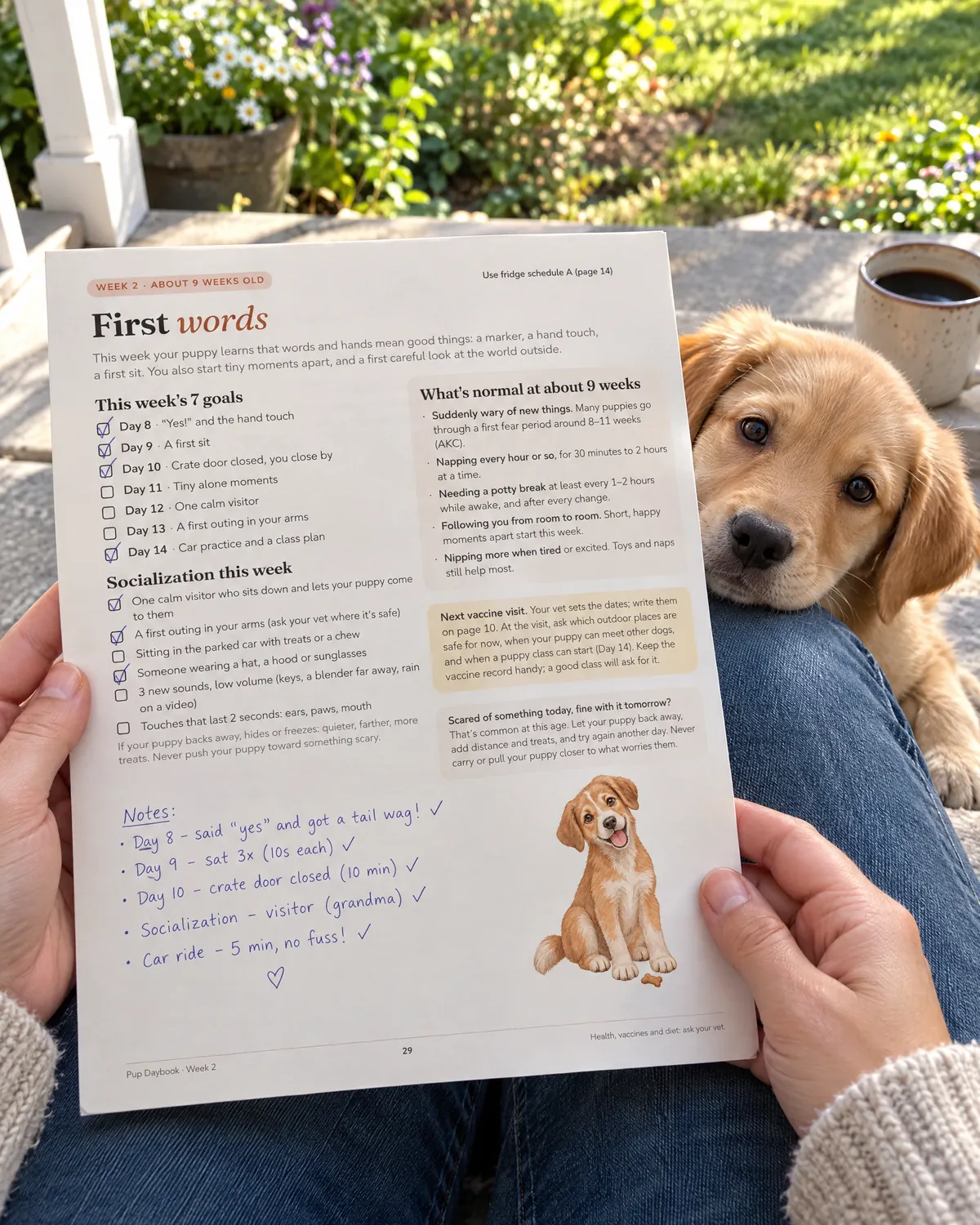 Week 2 page with ticked goals and handwritten notes, a puppy resting its head on the owner's knee