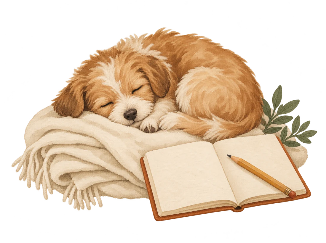 Watercolor illustration of a puppy resting beside an open daybook