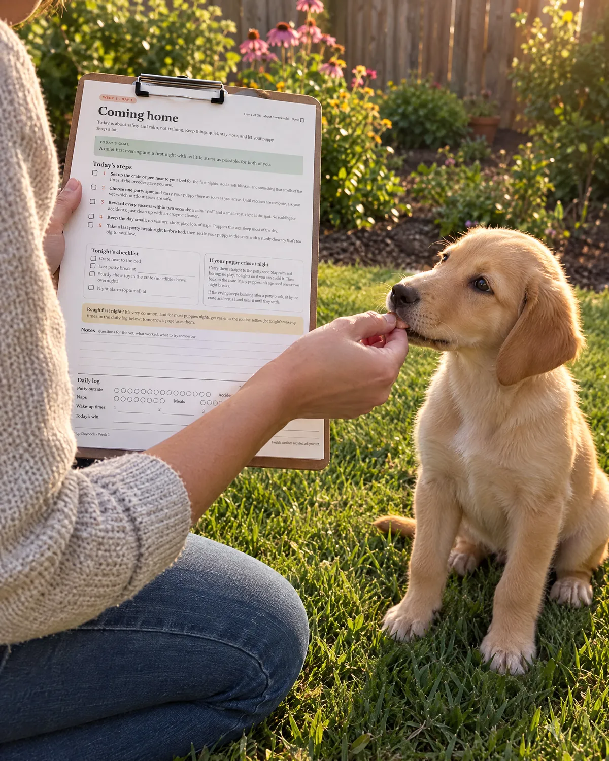 Owner kneeling in a garden with the Day 1 page on a clipboard, rewarding a sitting puppy