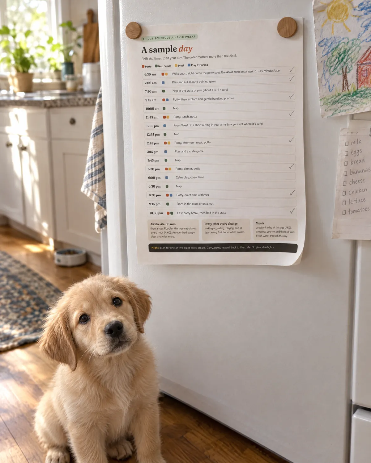 Printed Pup Daybook fridge schedule held by magnets on a kitchen fridge, a puppy sitting below