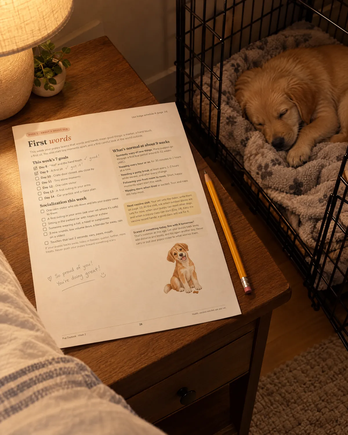 Week 2 page on a nightstand under a lamp, a puppy asleep in the crate next to the bed